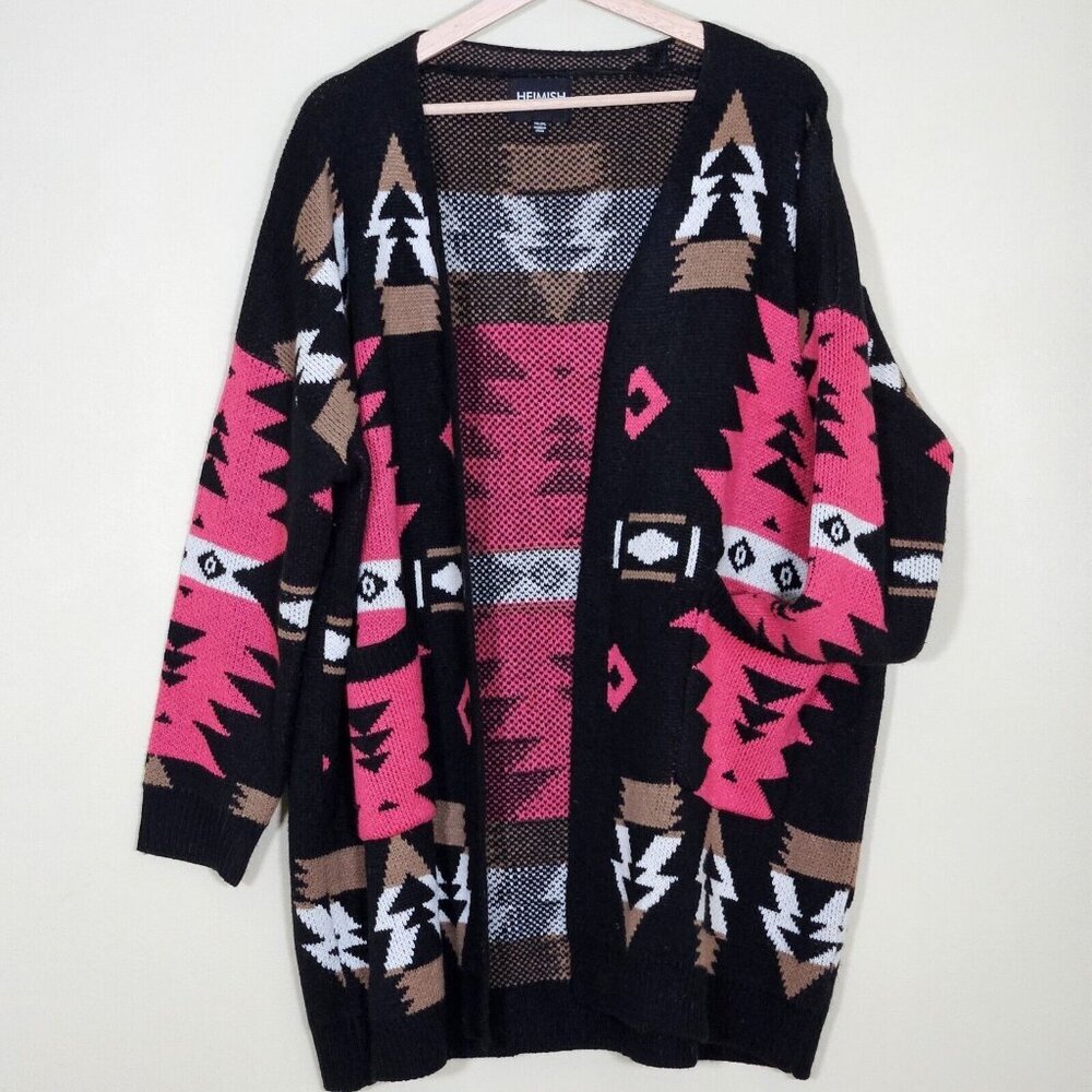 Heimish Cardigan Womens 1XL/2XL Multicolor Pockets LS Geo Aztec Tribal Boho Open